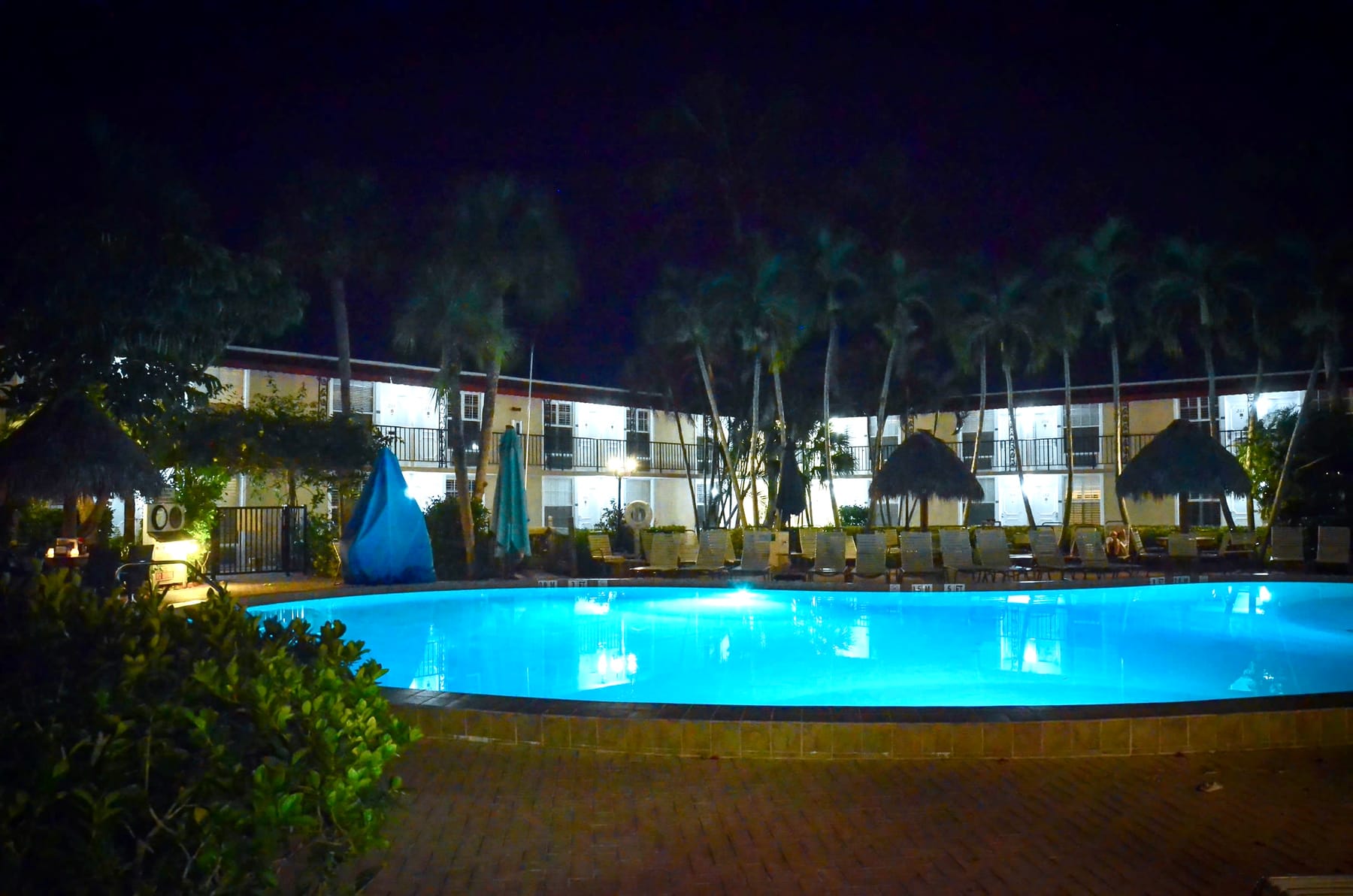 The pool lit up at night